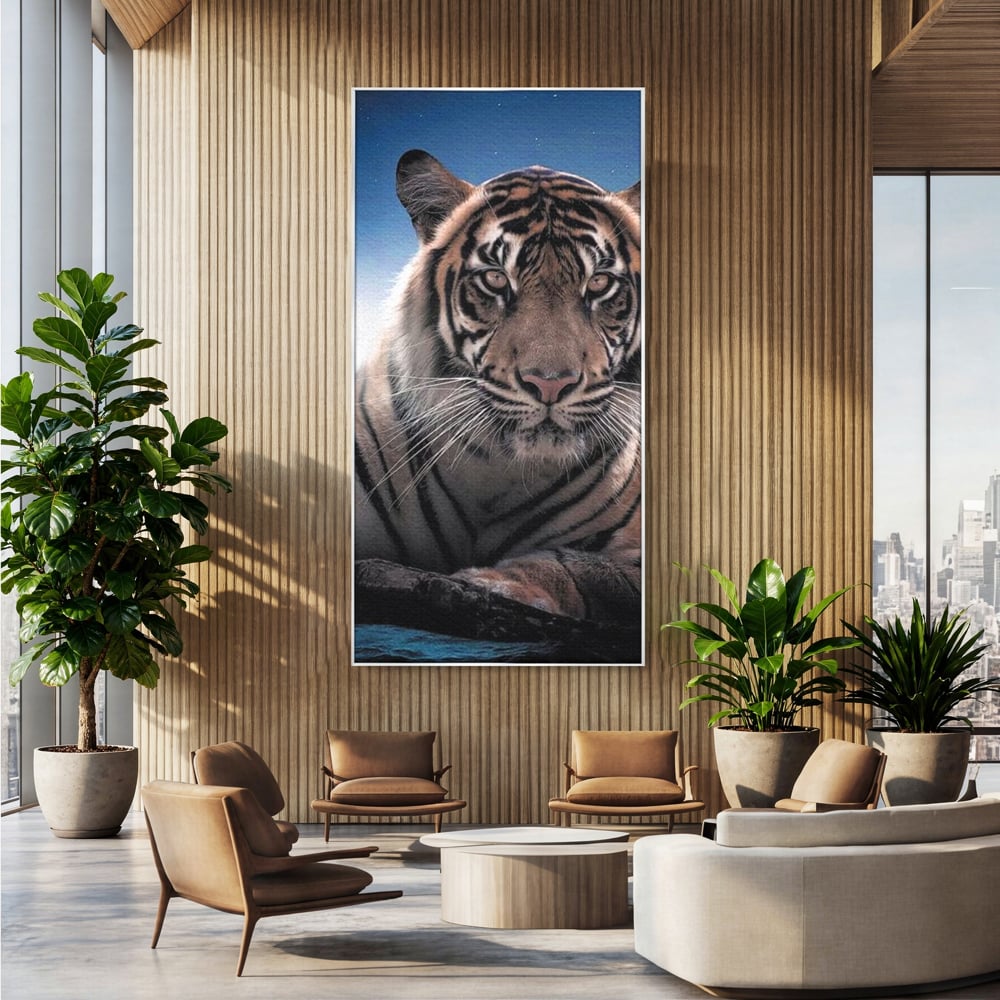 Tablou canvas cu tablou canvas cu tigru la lumina stelelor, in rama de aluminiu argintiu, pe perete intr-un birou